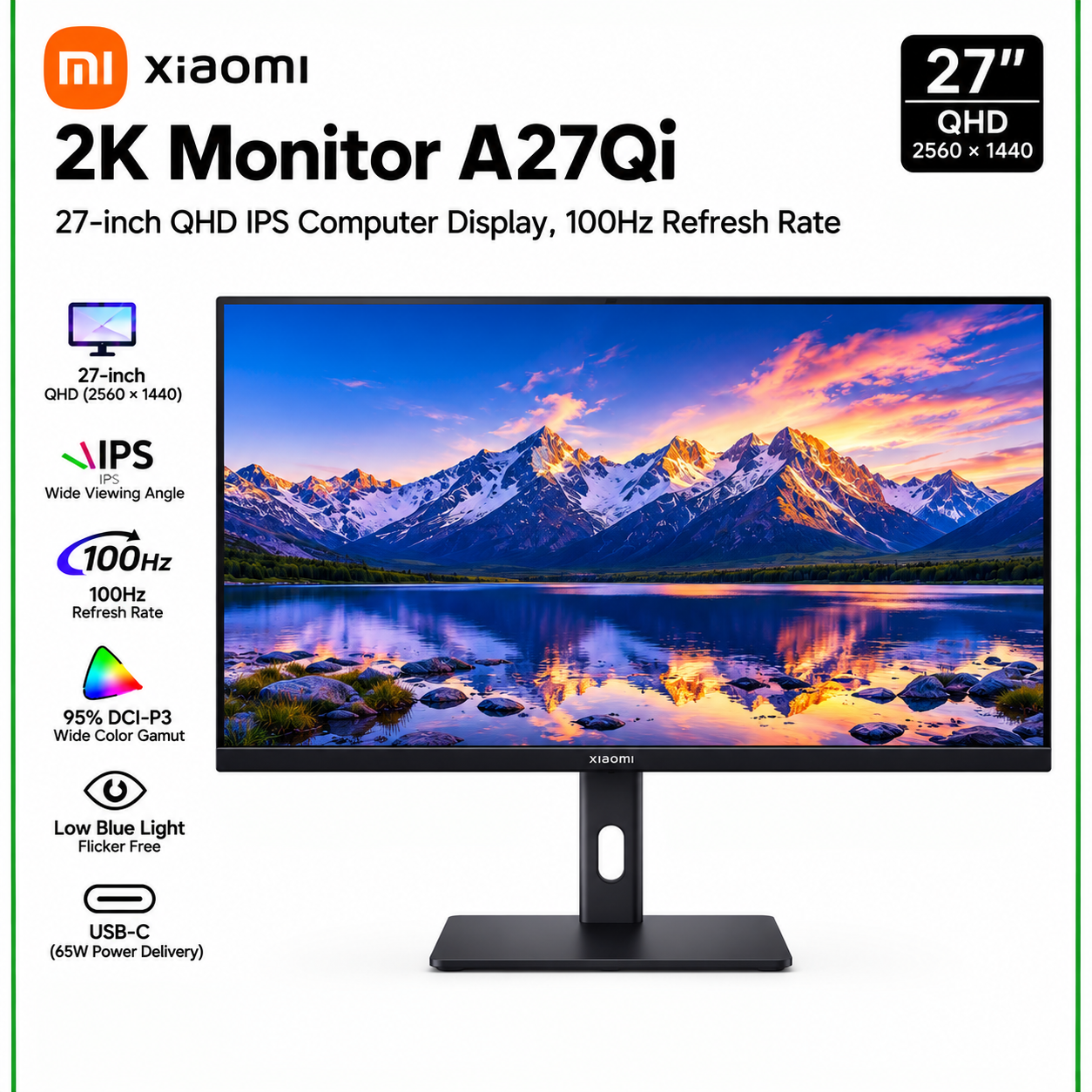 XIAOMI 2K Monitor A27Qi - 27-inch QHD IPS Computer Display, 100Hz Refresh Rate
