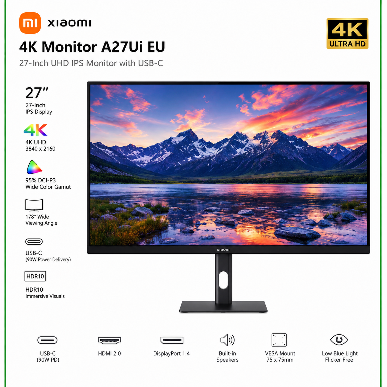 Xiaomi 4K Monitor A27Ui EU – 27-Inch UHD IPS Monitor with USB-C Brand New