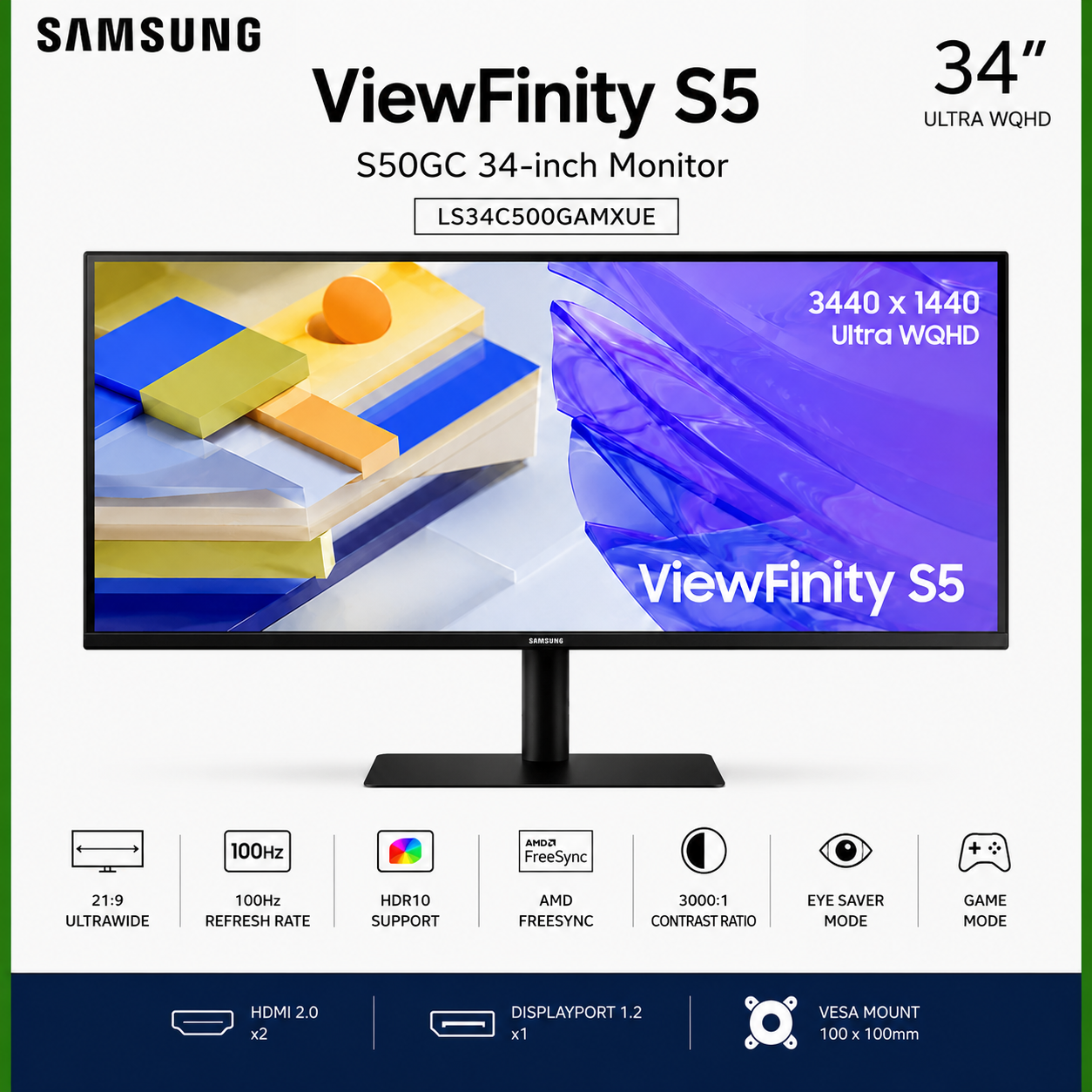 Samsung 34” ViewFinity S5 S50GC Monitor 34-inch Flat (3440 x 1440) Resolution (LS34C500GAMXUE)
