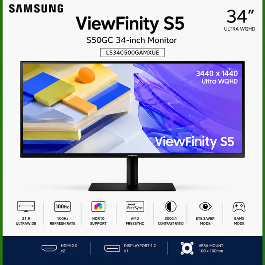Samsung 34” ViewFinity S5 S50GC Monitor 34-inch Flat (3440 x 1440) Resolution (LS34C500GAMXUE)